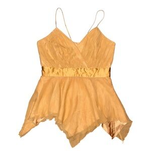 💖Gold Spaghetti Strap Asymmetric Handkerchief Hem Babydoll Silk Tank Y2K Fairy
